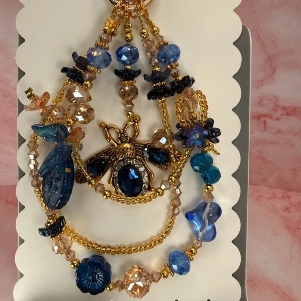 Gold Tone Bee Beaded Phone Wristlet Blue Crystal Butterfly Bag Charm Keychain